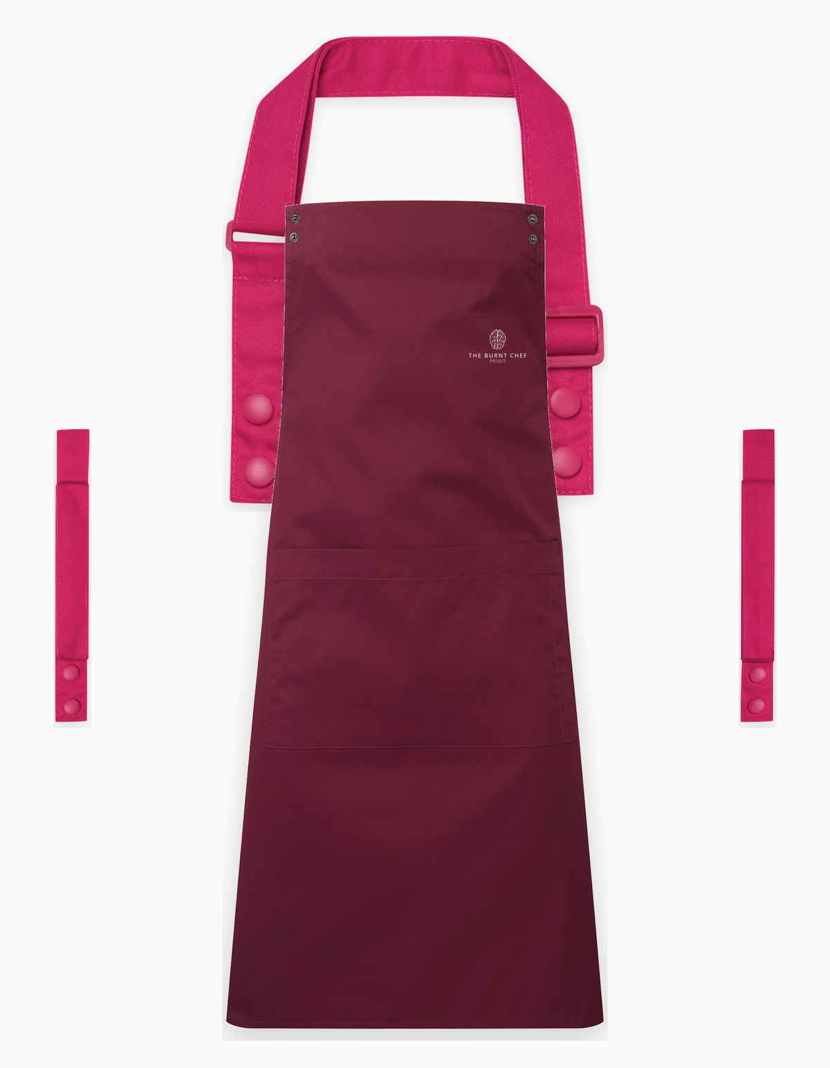 Burgundy Swap & Pop apron with Hot Pink straps, left chest logo