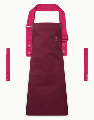 Burgundy Swap & Pop apron with Hot Pink straps, left chest logo