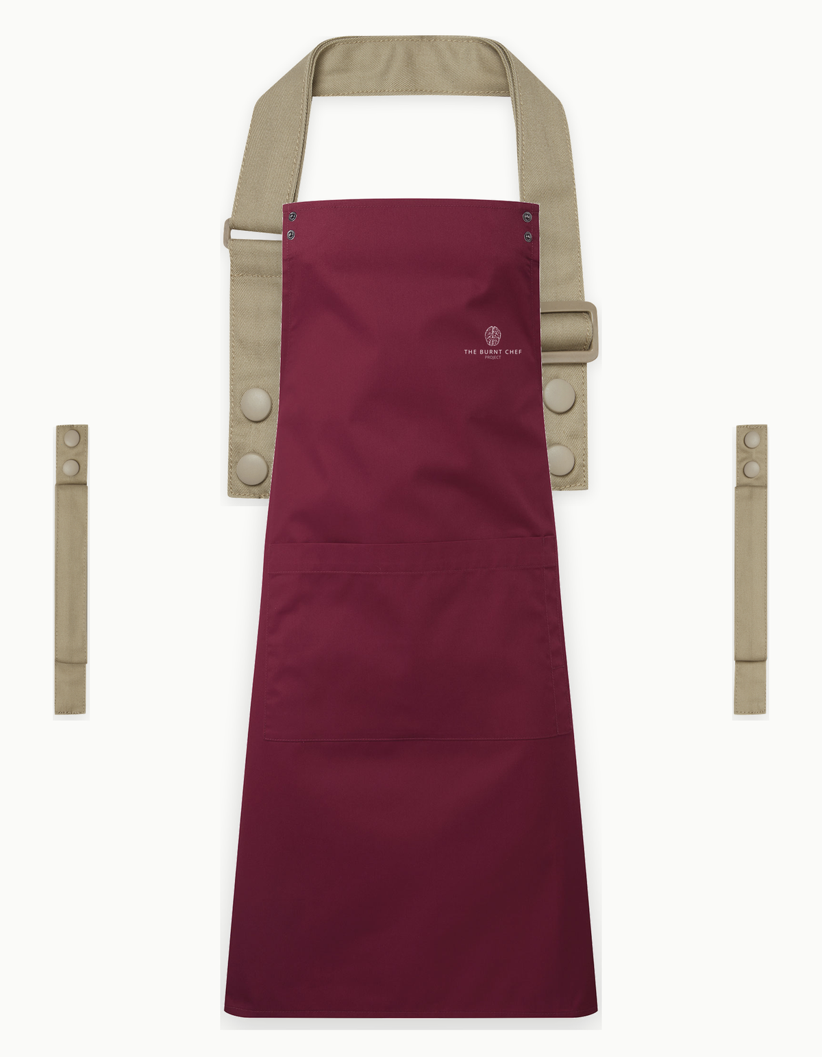 Burgundy Swap & Pop apron with Khaki straps, left chest logo