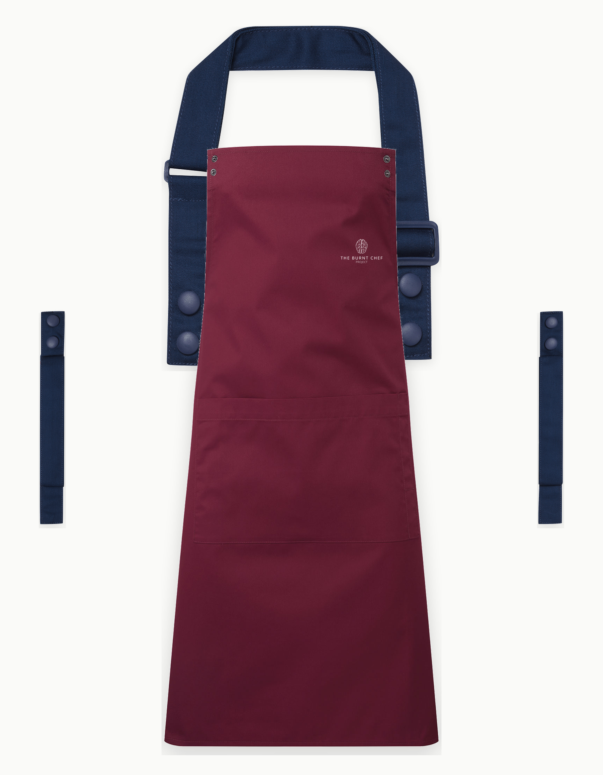 Burgundy Swap & Pop apron with Navy straps, left chest logo