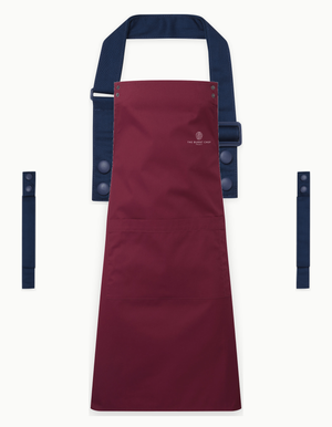 Burgundy Swap & Pop apron with Navy straps, left chest logo