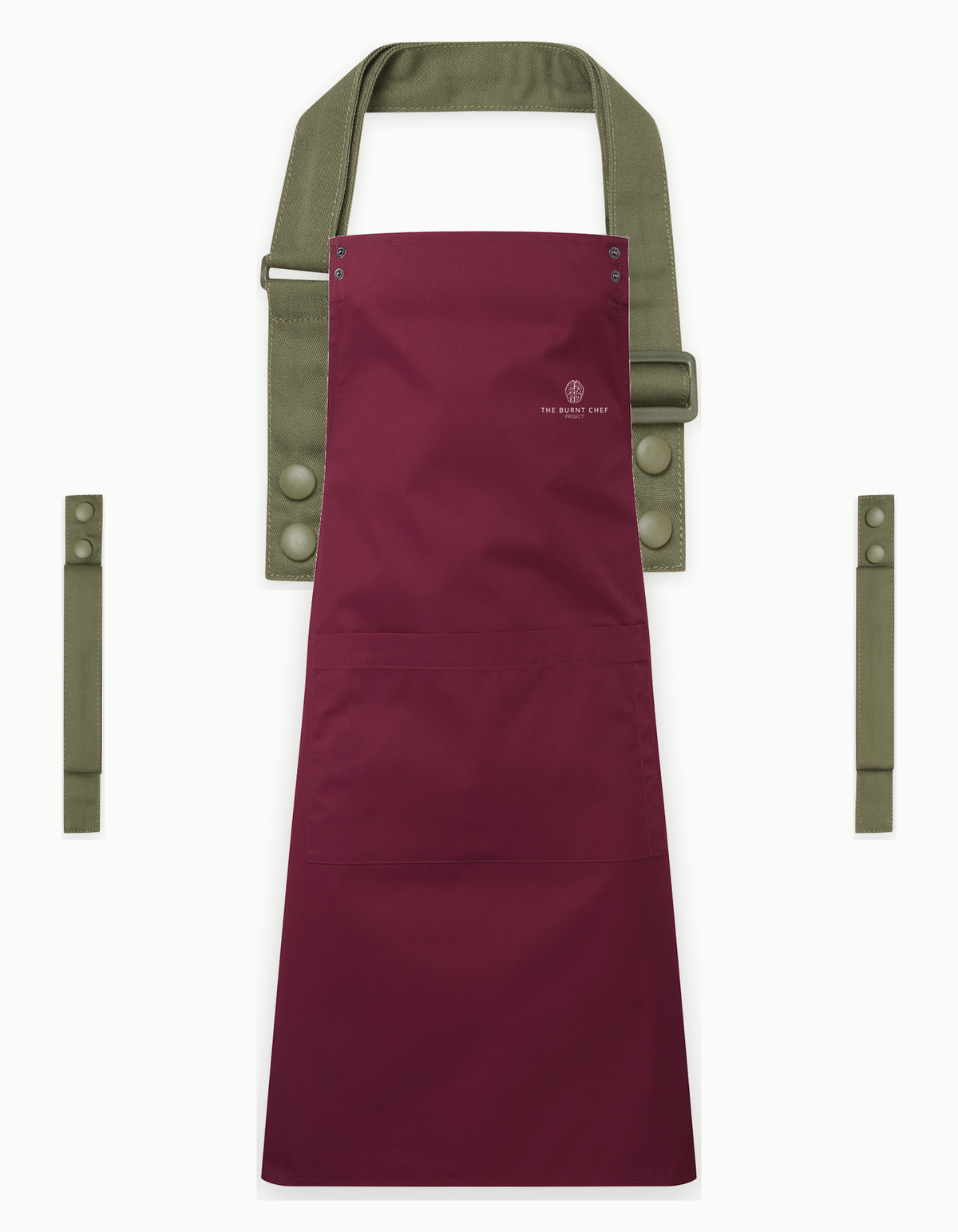 Burgundy Swap & Pop apron with Olive straps, left chest logo