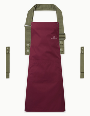 Burgundy Swap & Pop apron with Olive straps, left chest logo