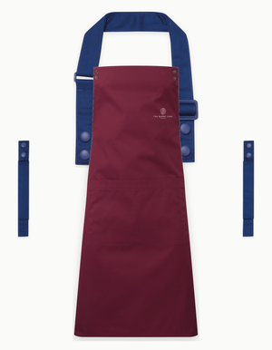 Burgundy Swap & Pop apron with Royal Blue straps, left chest logo