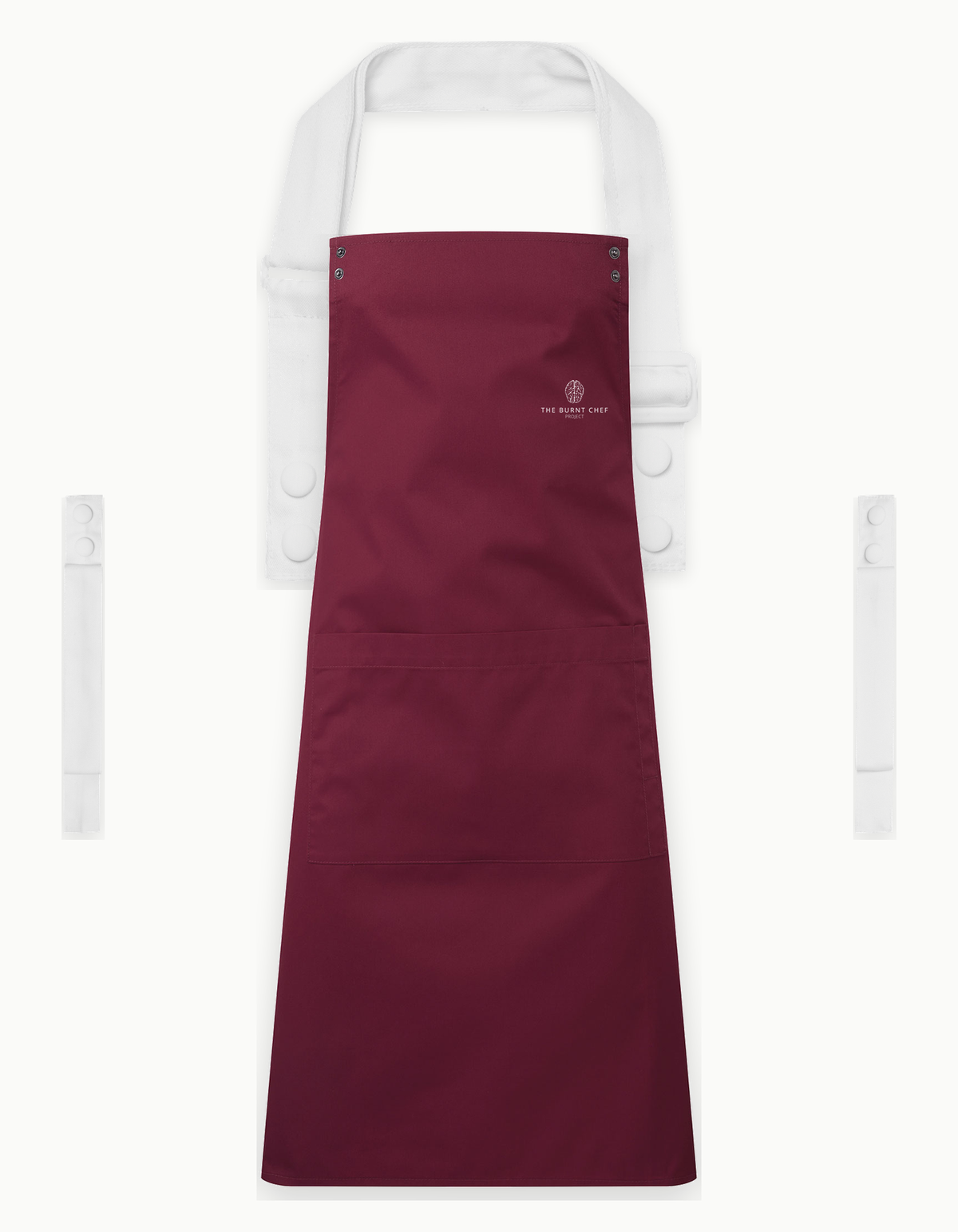 Burgundy Swap & Pop apron with White straps, left chest logo