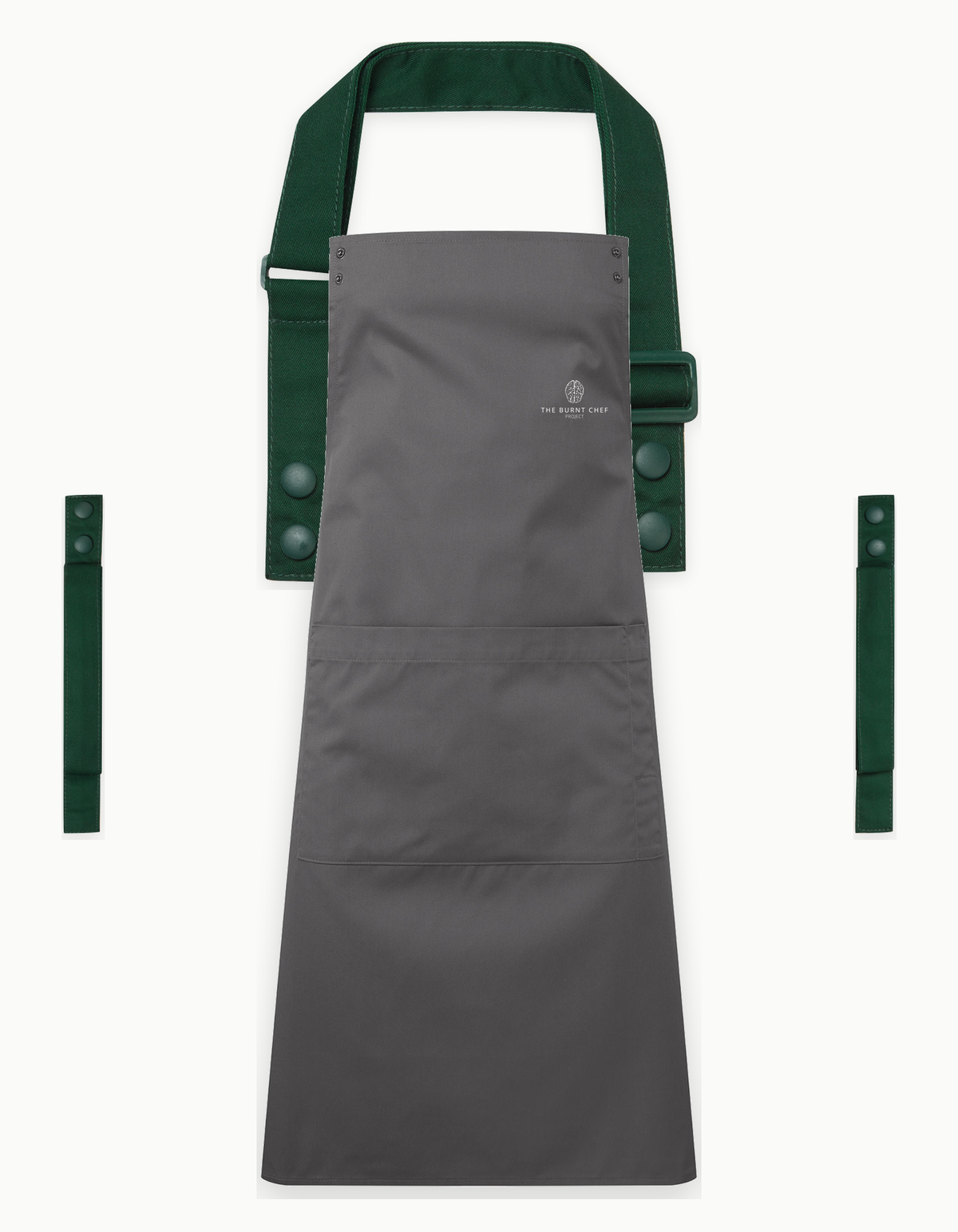Dark Grey Swap & Pop apron with Bottle Green straps, left chest logo