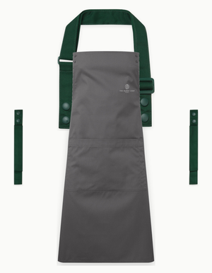 Dark Grey Swap & Pop apron with Bottle Green straps, left chest logo