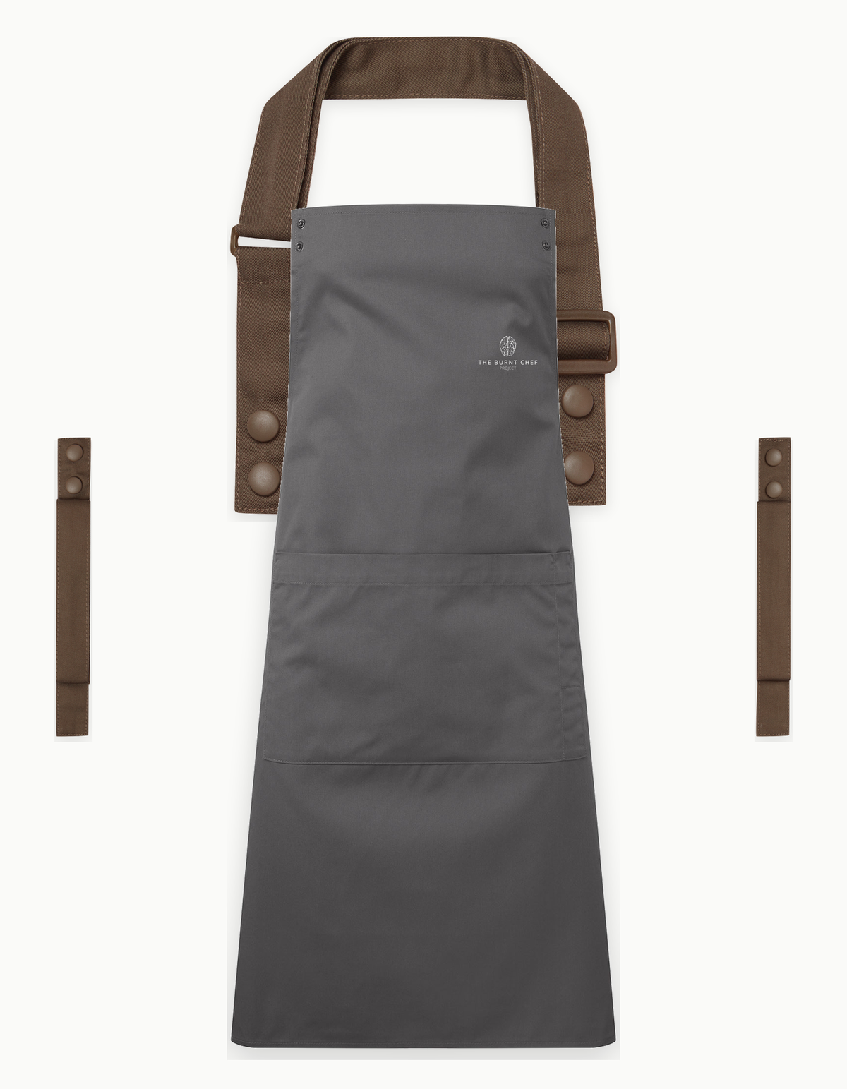 Dark Grey Swap & Pop apron with Brown straps, left chest logo