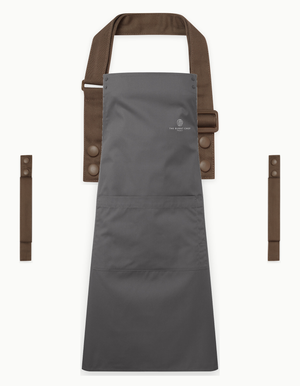 Dark Grey Swap & Pop apron with Brown straps, left chest logo