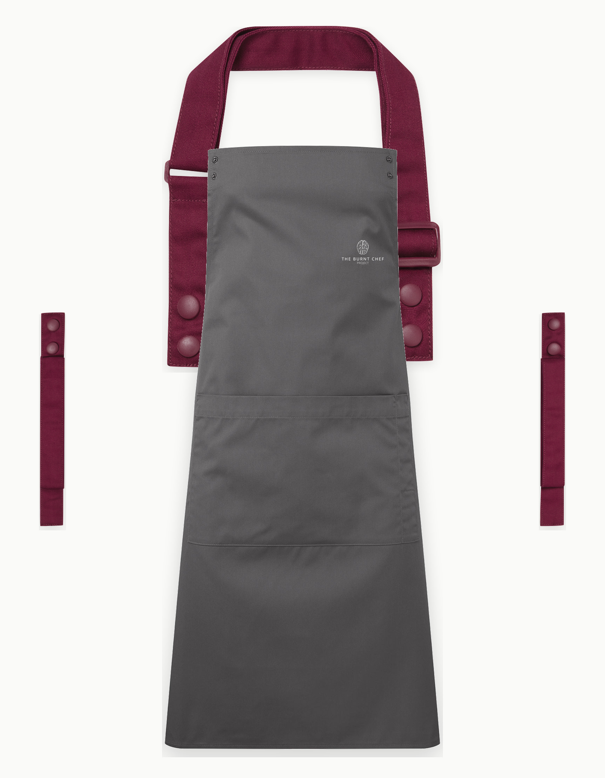 Dark Grey Swap & Pop apron with Burgundy straps, left chest logo