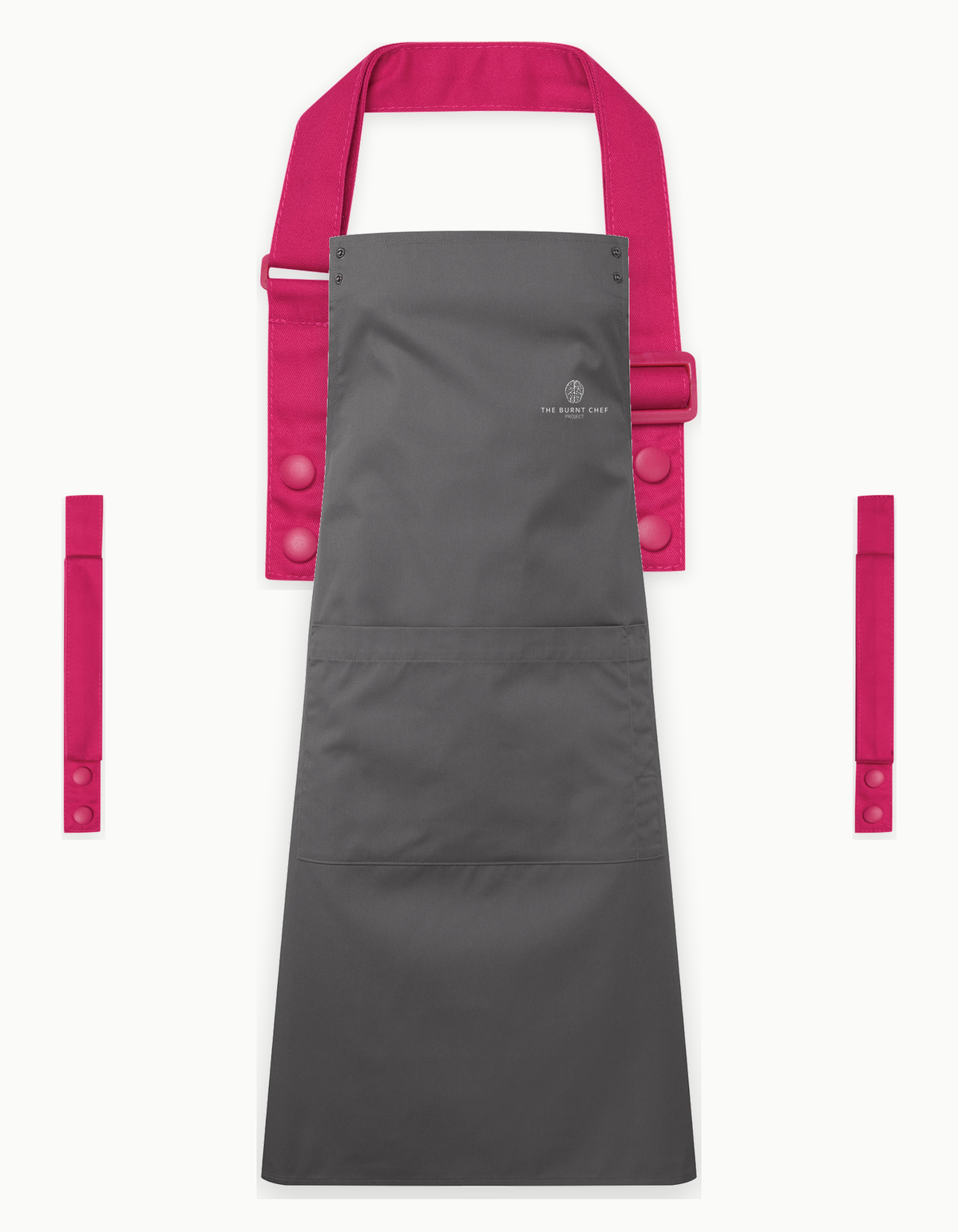 Dark Grey Swap & Pop apron with Hot Pink straps, left chest logo
