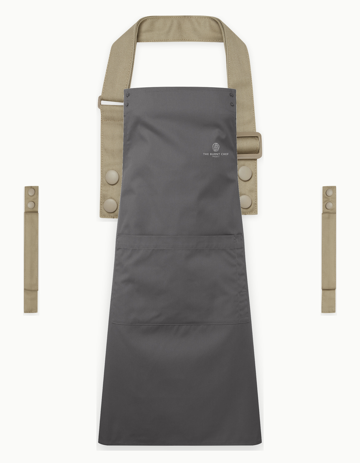 Dark Grey Swap & Pop apron with Khaki straps, left chest logo