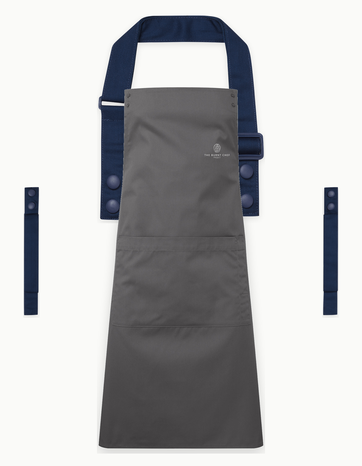 Dark Grey Swap & Pop apron with Navy straps, left chest logo