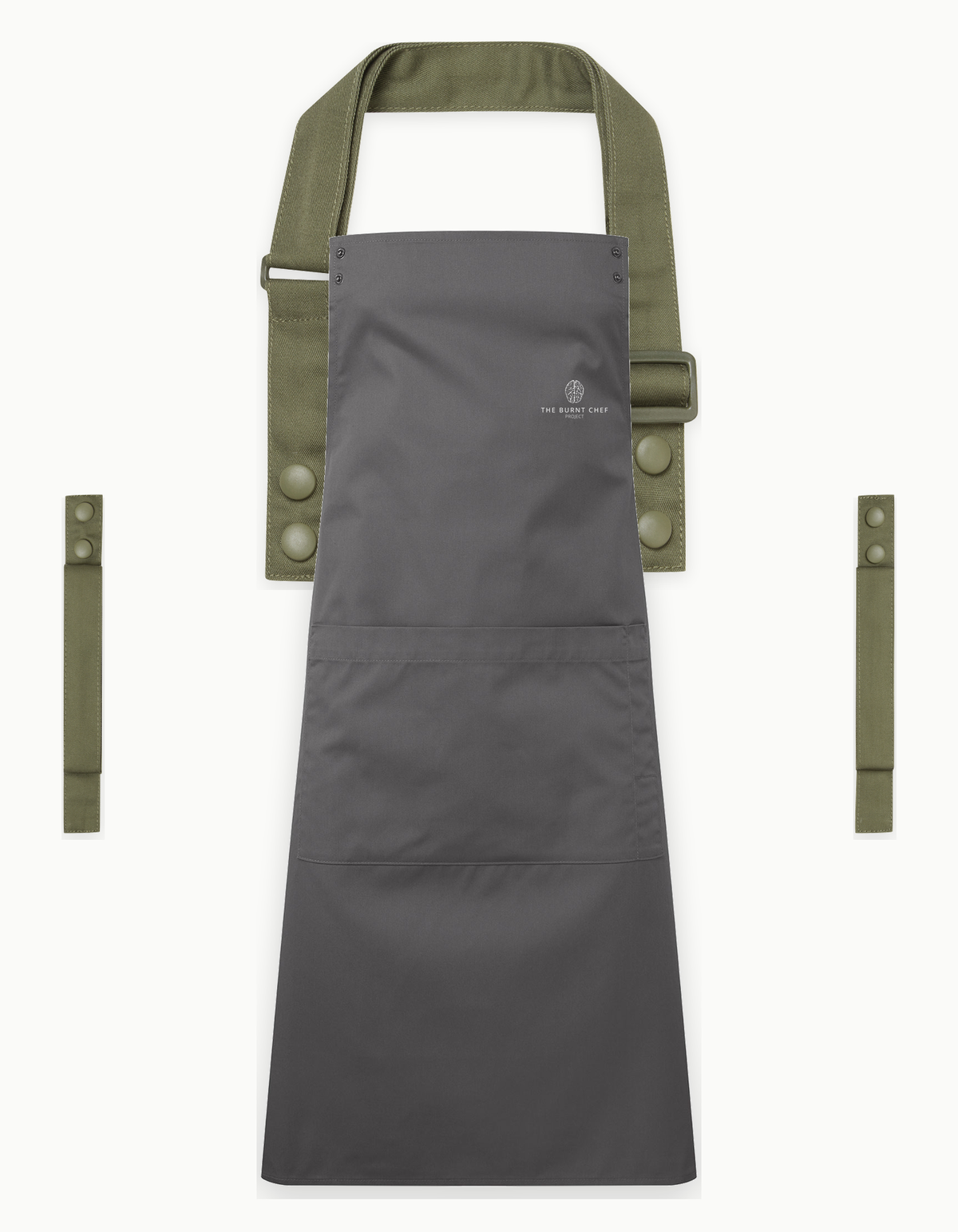 Dark Grey Swap & Pop apron with Olive straps, left chest logo