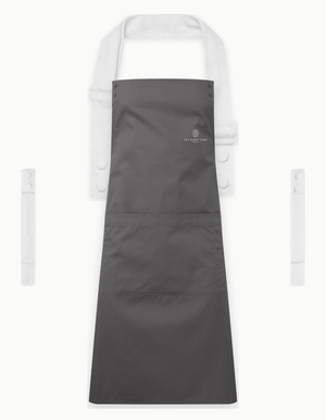 Dark Grey Swap & Pop apron with White straps, left chest logo