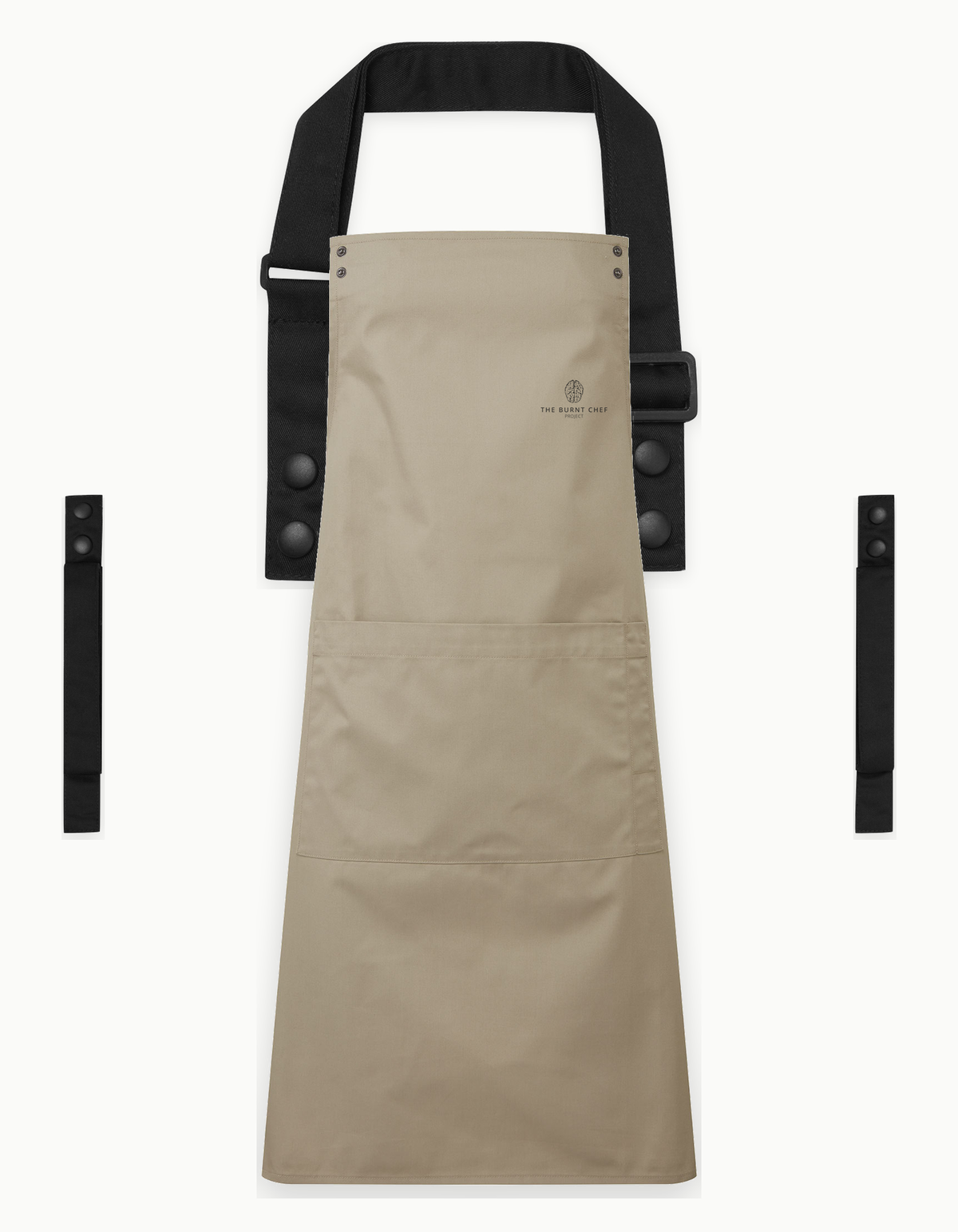 Khaki Swap & Pop apron with Black straps, left chest logo