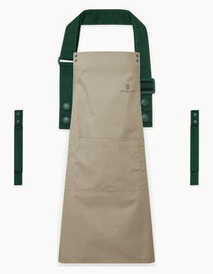 Khaki Swap & Pop apron with Bottle Green straps, left chest logo