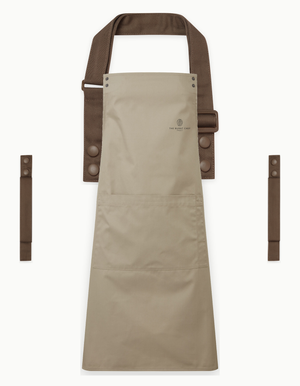 Khaki Swap & Pop apron with Brown straps, left chest logo