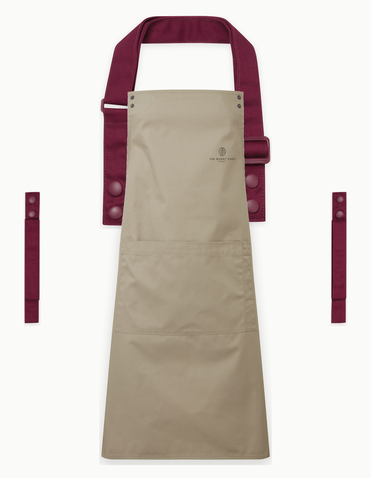 Khaki Swap & Pop apron with Burgundy straps, left chest logo