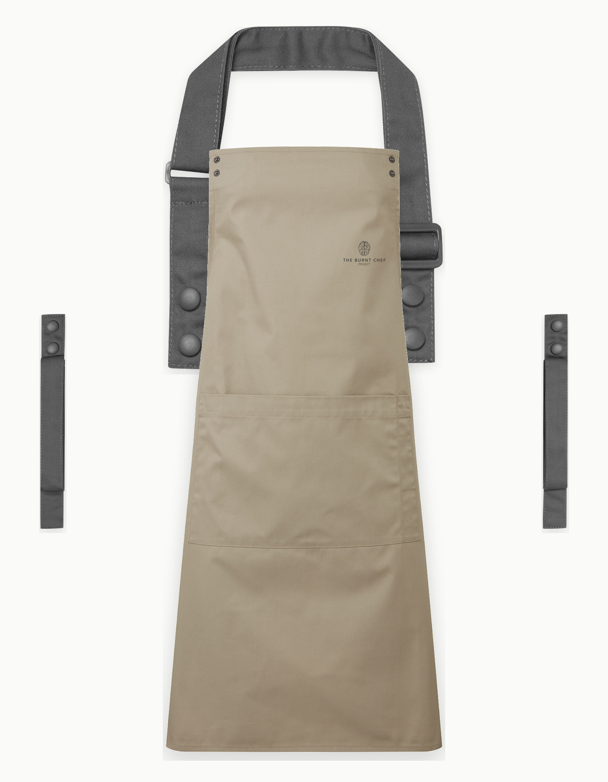Khaki Swap & Pop apron with Dark Grey straps, left chest logo