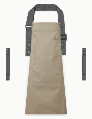 Khaki Swap & Pop apron with Dark Grey straps, left chest logo