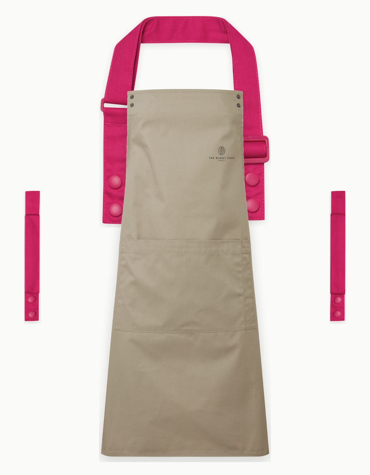 Khaki Swap & Pop apron with Hot Pink straps, left chest logo