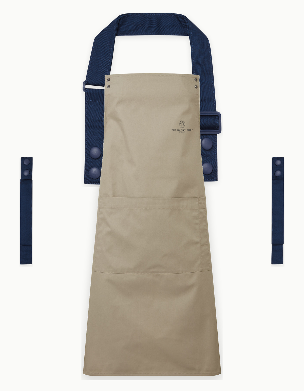 Khaki Swap & Pop apron with Navy straps, left chest logo