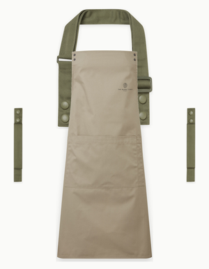 Khaki Swap & Pop apron with Olive straps, left chest logo