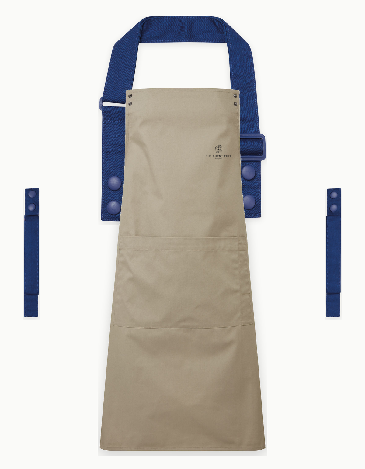 Khaki Swap & Pop apron with Royal Blue straps, left chest logo