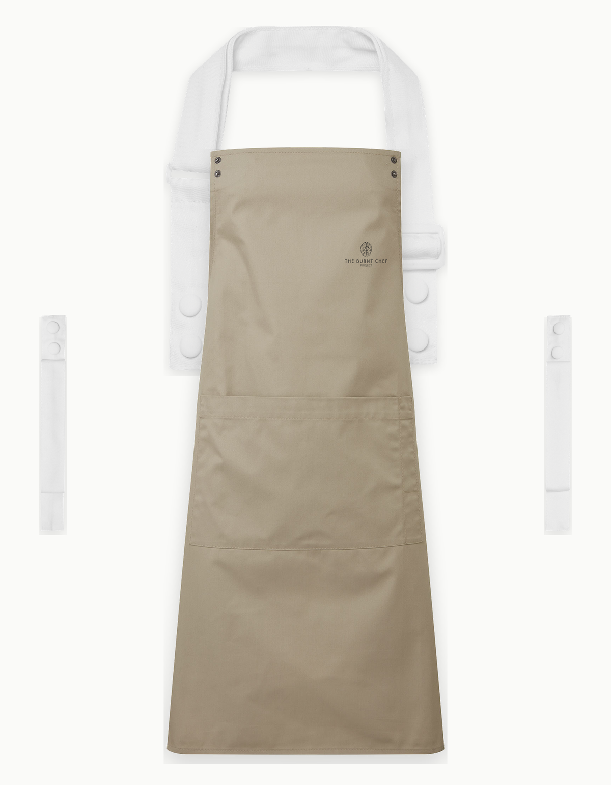 Khaki Swap & Pop apron with White straps, left chest logo