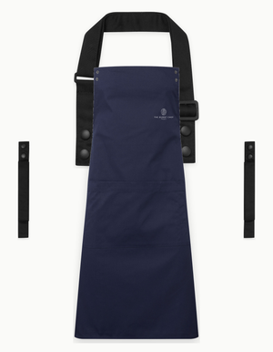 Navy Swap & Pop apron with Black straps, left chest logo