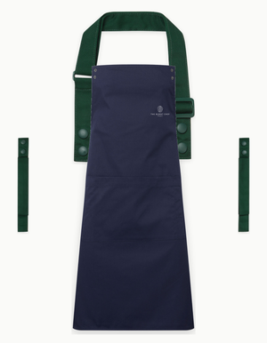 Navy Swap & Pop apron with Bottle Green straps, left chest logo