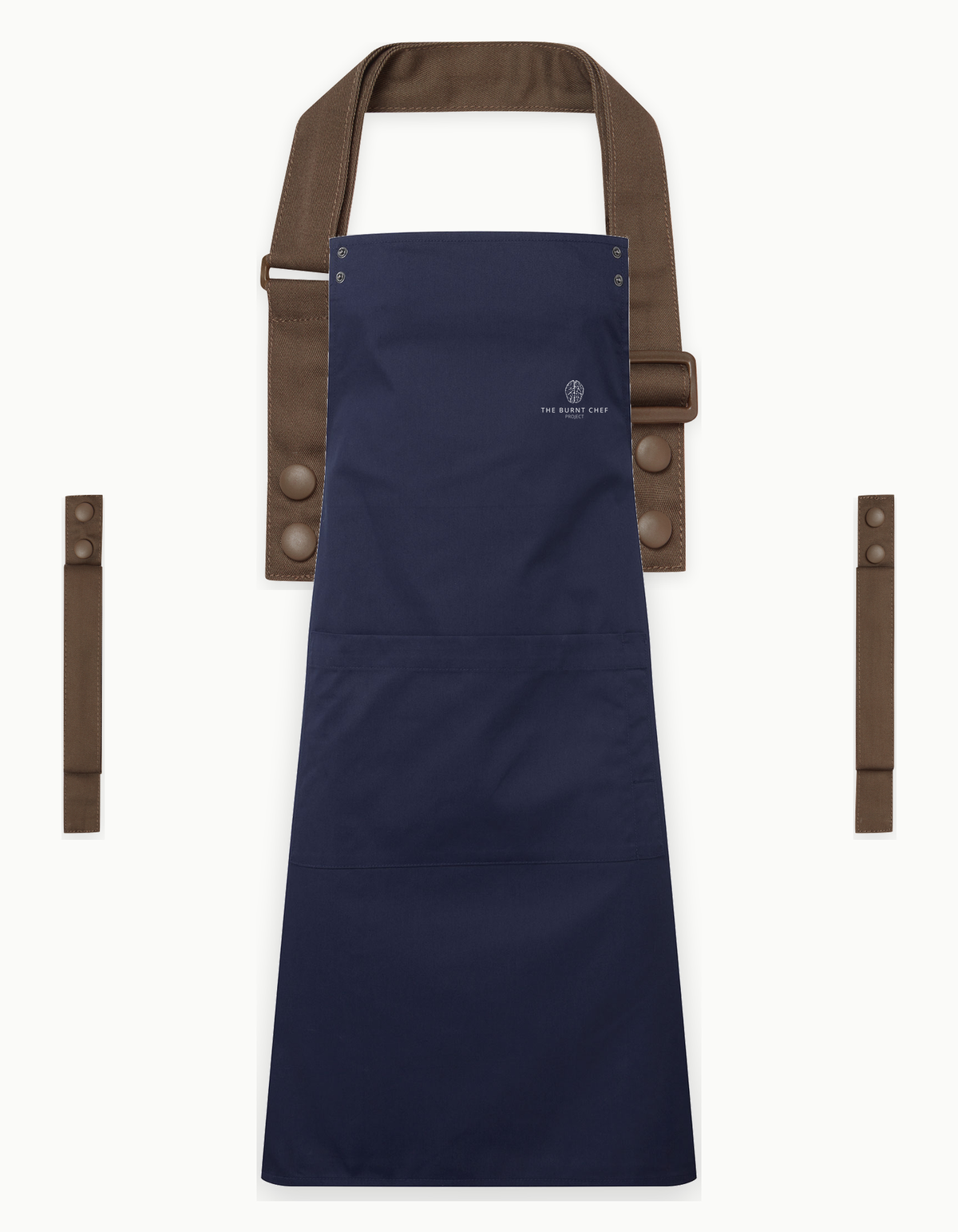 Navy Swap & Pop apron with Brown straps, left chest logo