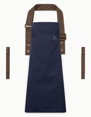 Navy Swap & Pop apron with Brown straps, left chest logo