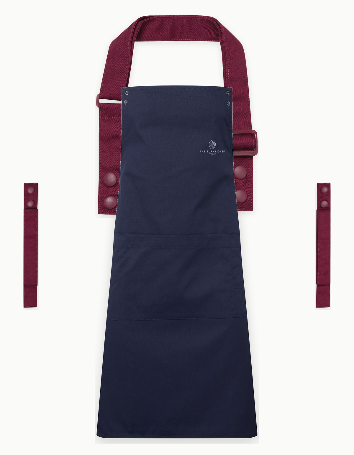 Navy Swap & Pop apron with Burgundy straps, left chest logo
