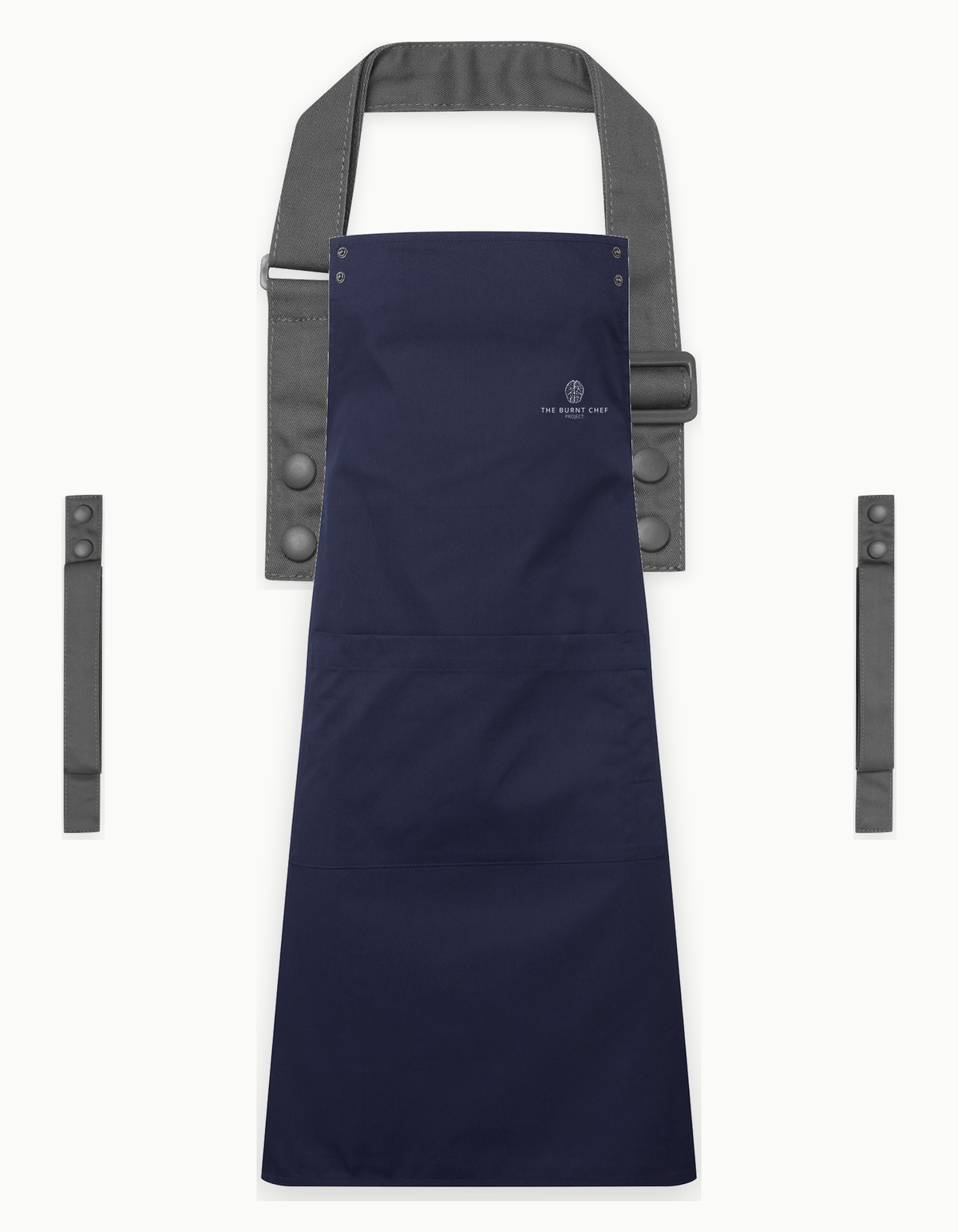 Navy Swap & Pop apron with Dark Grey straps, left chest logo