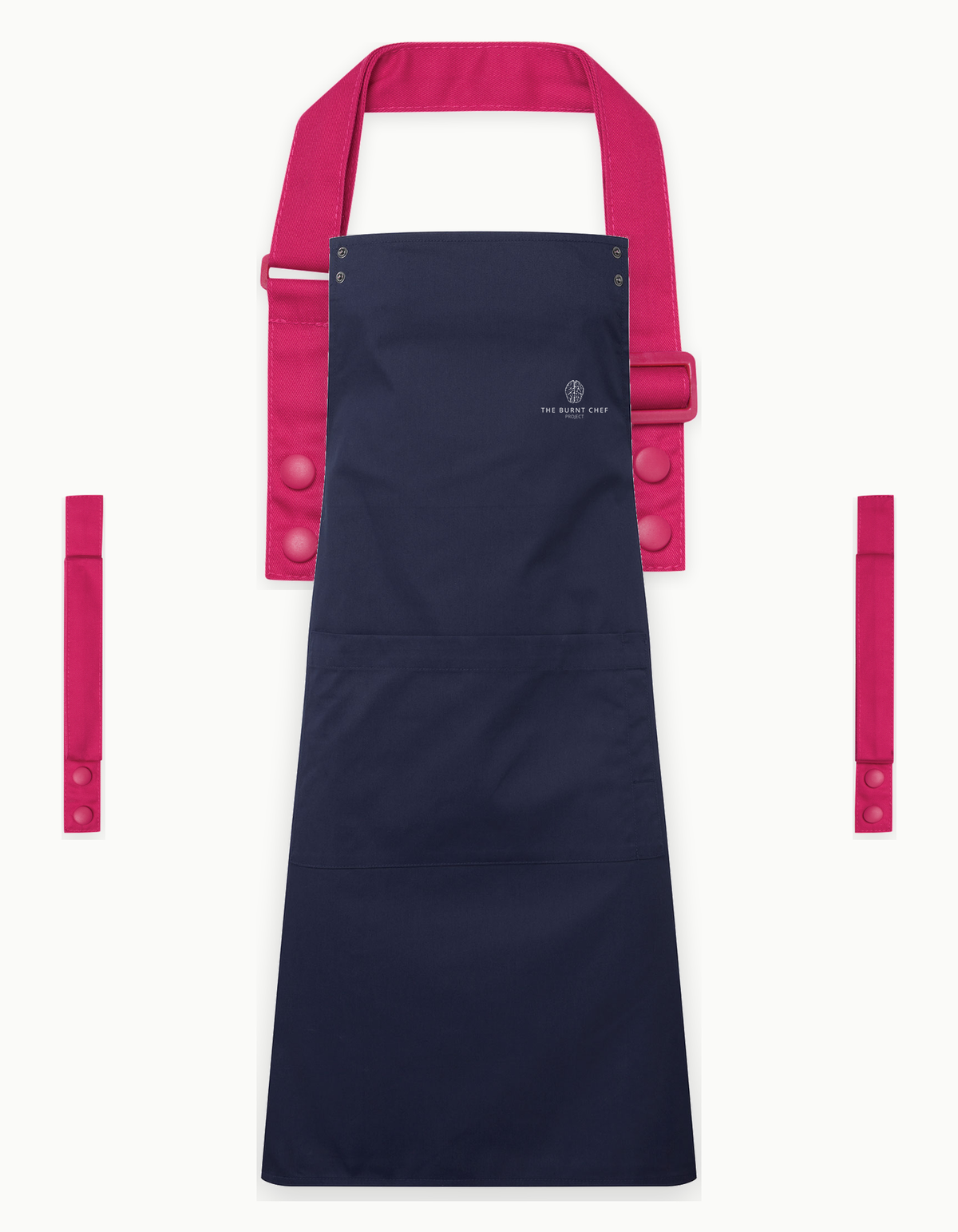 Navy Swap & Pop apron with Hot Pink straps, left chest logo