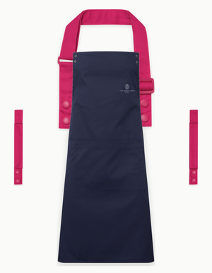 Navy Swap & Pop apron with Hot Pink straps, left chest logo