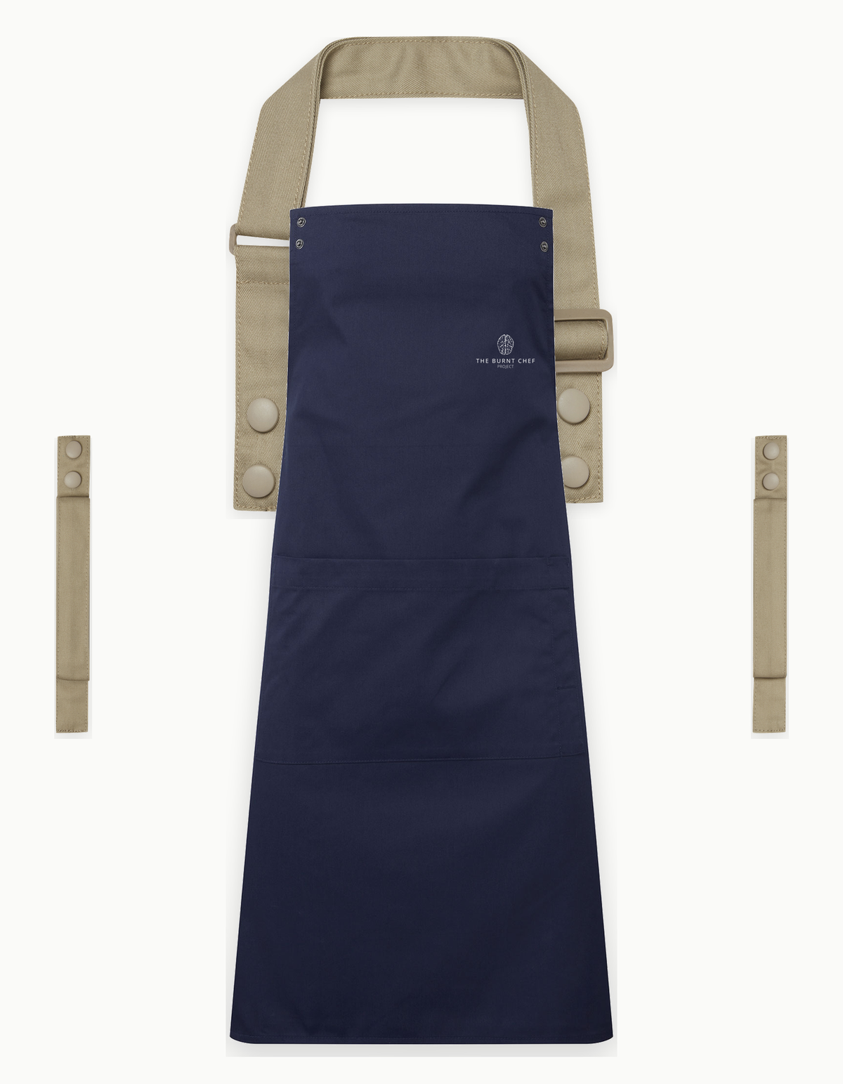 Navy Swap & Pop apron with Khaki straps, left chest logo