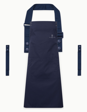Navy Swap & Pop apron with Navy straps, left chest logo