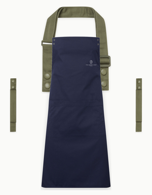 Navy Swap & Pop apron with Olive straps, left chest logo