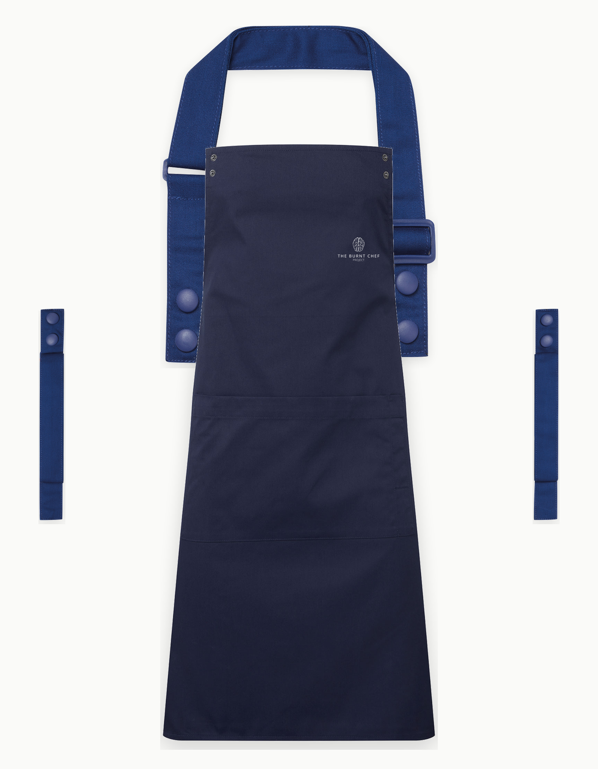 Navy Swap & Pop apron with Royal Blue straps, left chest logo