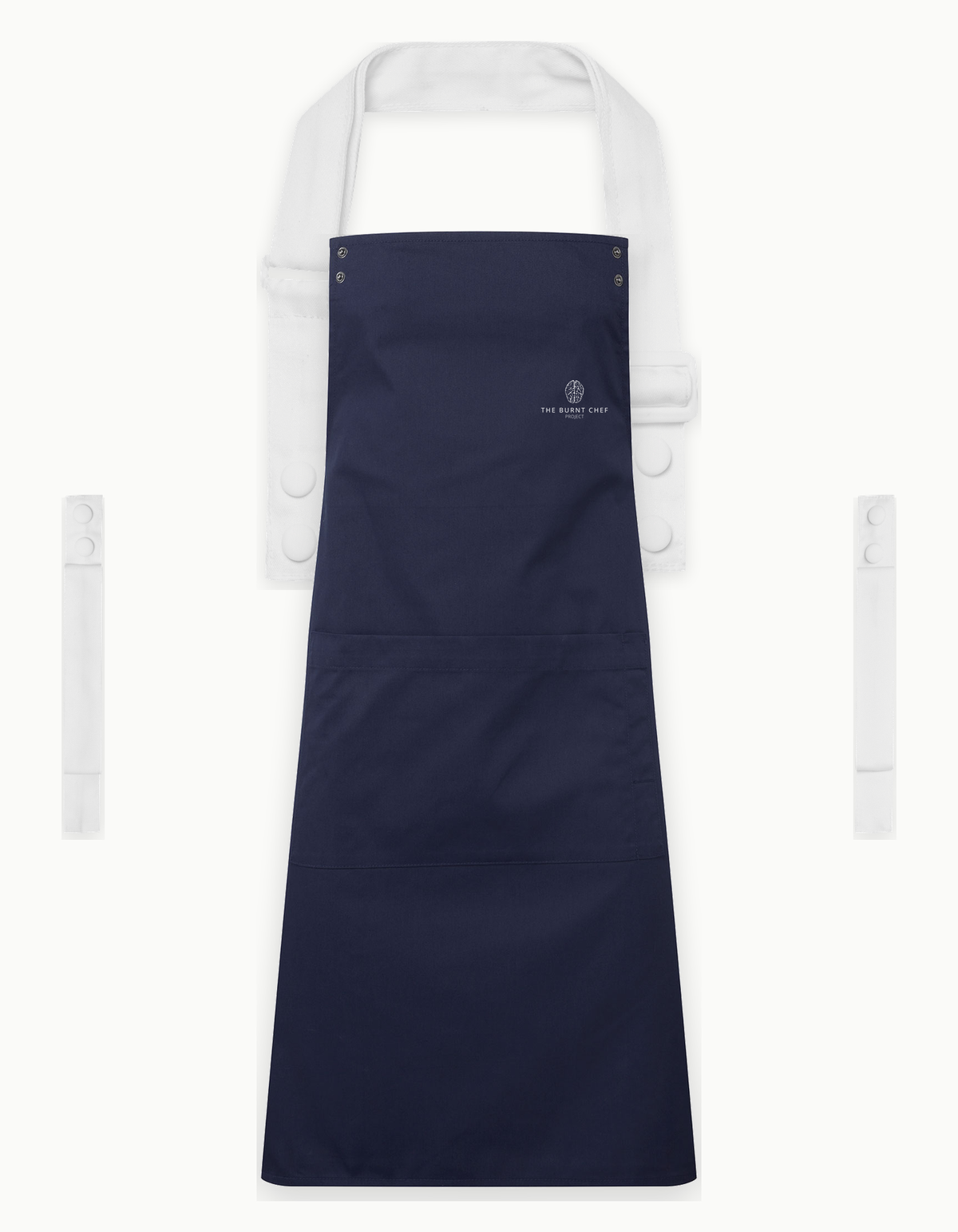 Navy Swap & Pop apron with White straps, left chest logo