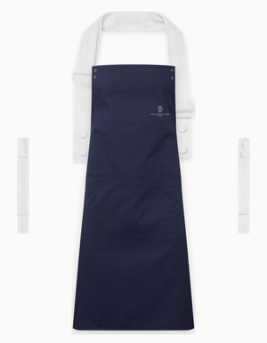 Navy Swap & Pop apron with White straps, left chest logo