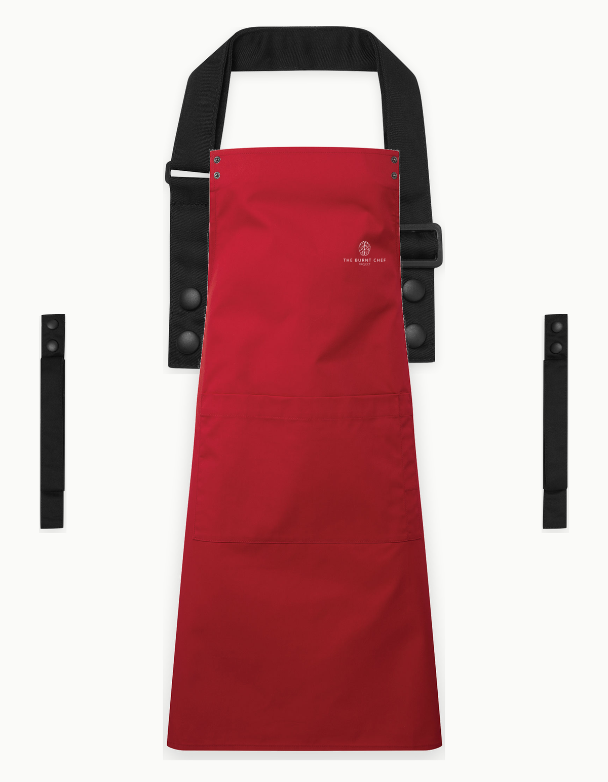 Red Swap & Pop apron with Black straps, left chest logo