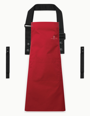 Red Swap & Pop apron with Black straps, left chest logo