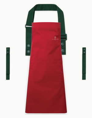 Red Swap & Pop apron with Bottle Green straps, left chest logo