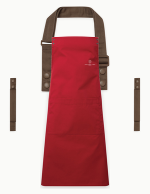 Red Swap & Pop apron with Brown straps, left chest logo
