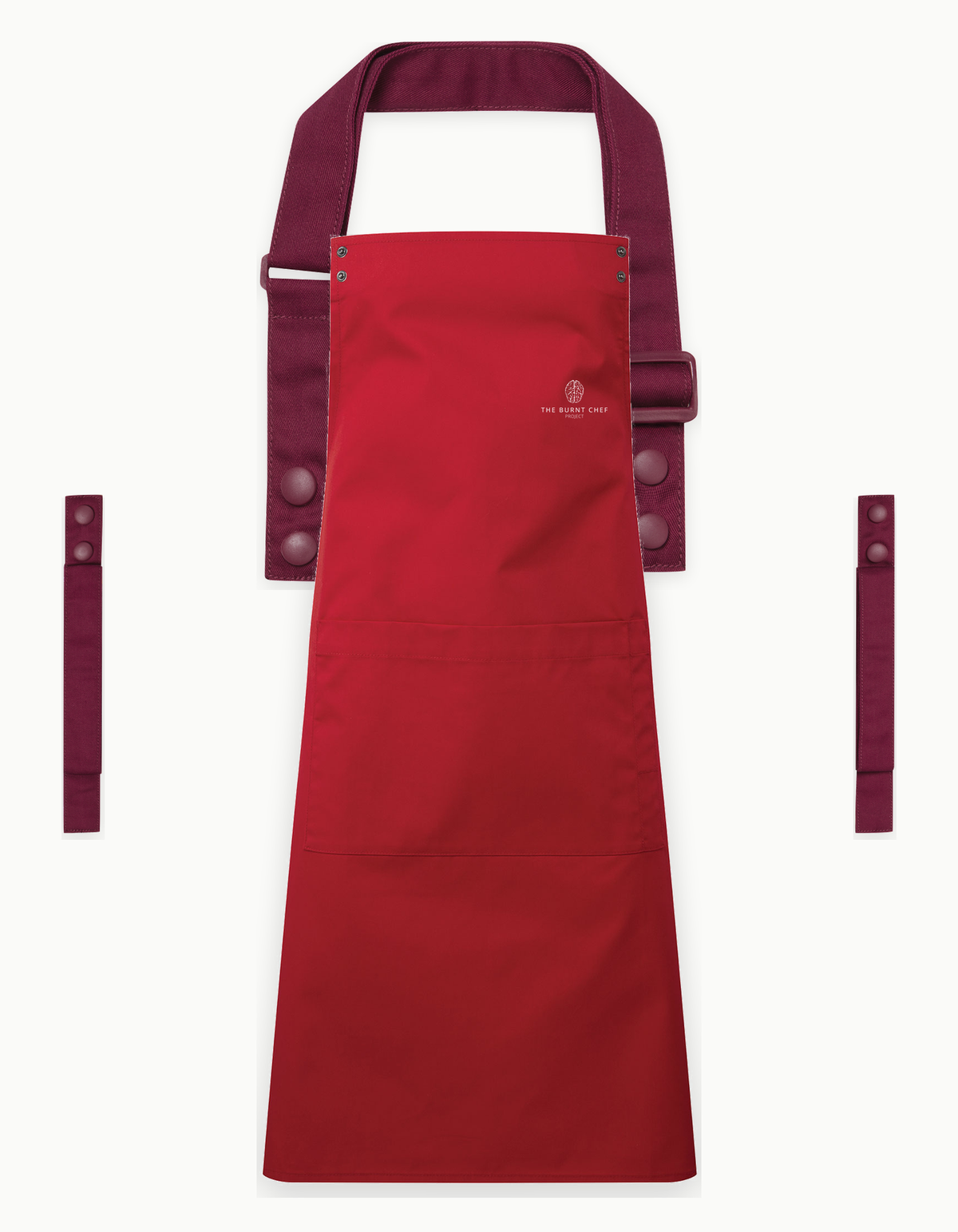 Red Swap & Pop apron with Burgundy straps, left chest logo