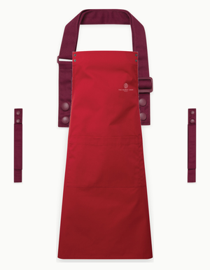 Red Swap & Pop apron with Burgundy straps, left chest logo